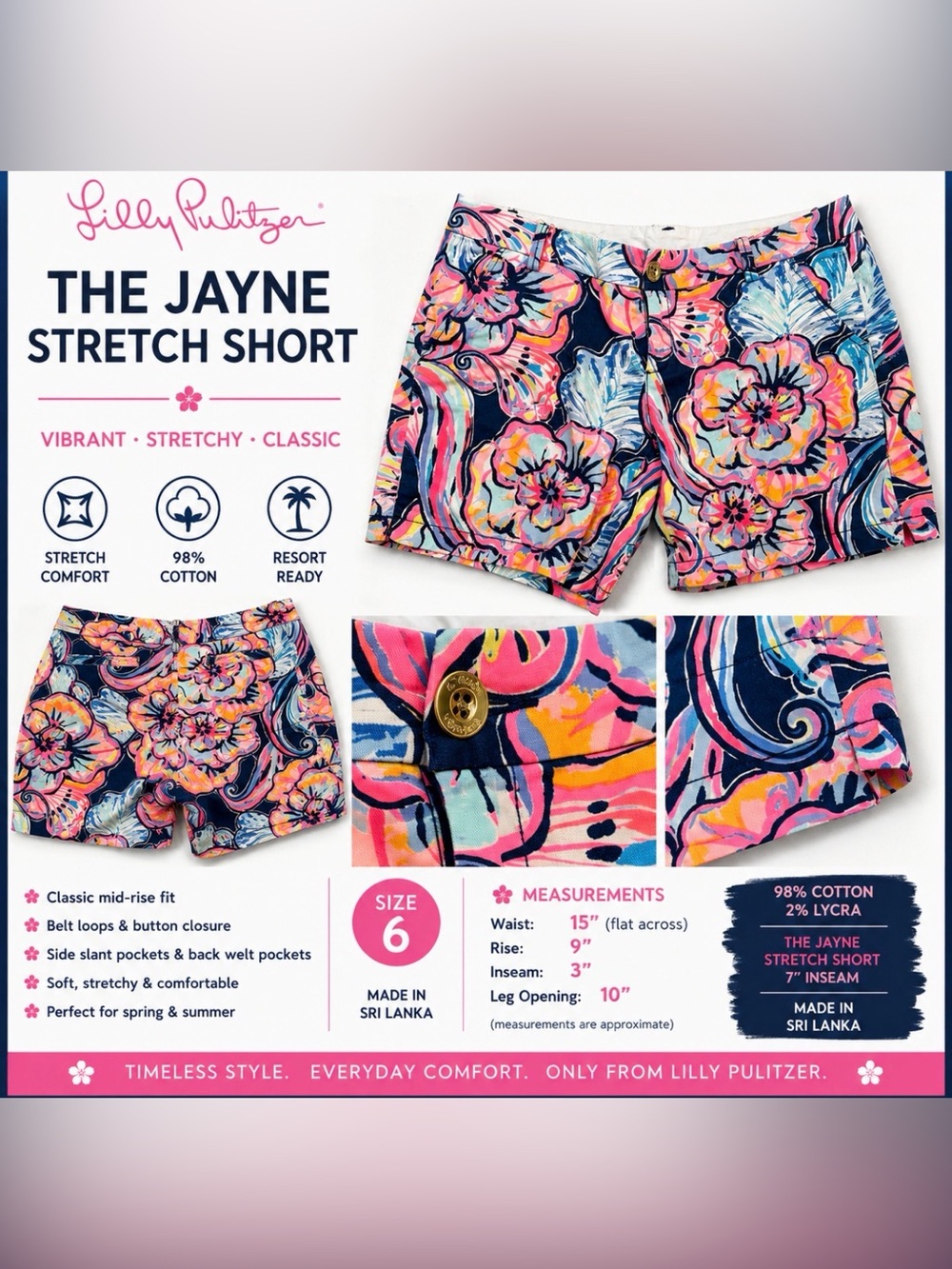 Lilly Pulitzer The Jayne Stretch Shorts Women’s Size 6 Floral Print